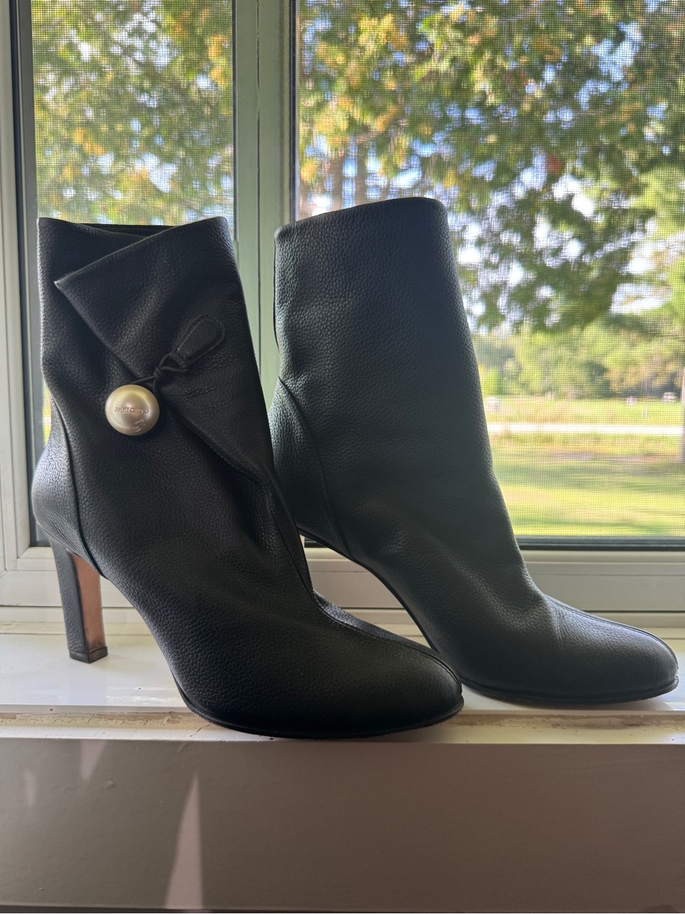 Jimmy Choo Black Leather Ankle Boots with Button Accent